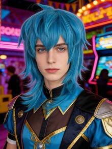 Heat Resistant Synthetic Medium Length Layered Straight Blue Anime Cosplay Wig With Bangs For Men Women Daily Party Holiday Christmas Comic Con Game Exhibition Use, Natural Looking, Beginner Friendly, Ideal Choice For Gifts - Multicolor - View 1