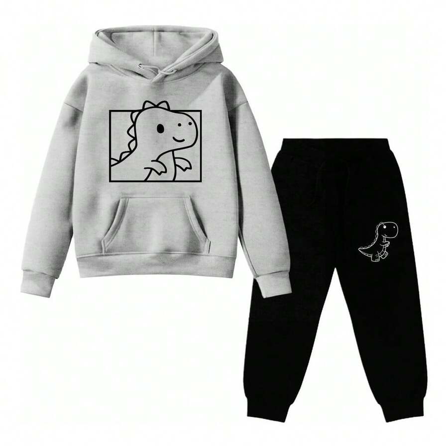 Children's Dinosaur Printed Sweatshirt And Sweatpants Set For School - Grey - View 1