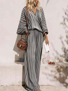 Striped Casual Front Button Loungewear Set - Grey - View 5