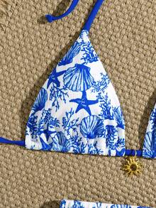wohenmeili Bộ bikini gợi cảm buộc dây cổ, in hình sao biển và vỏ sò, dành cho nữ, thích hợp mặc đi biển mùa hè, kèm quần short. - Hoa màu xanh trên nền trắng - Xem 2