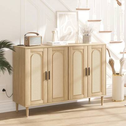 Mueble Buffet de Ratán con Almacenamiento y Enchufes Integrados Gabinete Auxiliar de 4 Puertas con Estantes Ajustables para Cocina Comedor Sala y Recibidor