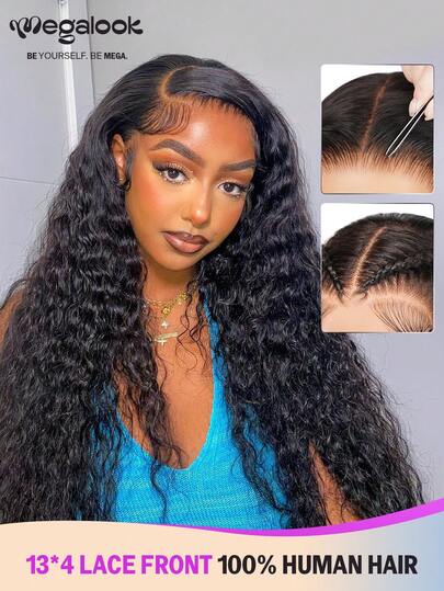 MEGALOOK 水波纹 13x4 蕾丝前额假发，100% 真人发丝，180% 密度，透明蕾丝前额假发，预漂白发结，自然发际线，24 英寸真人发 - 自然逼真，适合日常佩戴，可打造办公室、僵尸新娘、万圣节派对、Y2K 复古风、度假装扮、户外角色扮演、校园、学校假期、圣诞节派对、婚礼、节日等各种场合，适合女性佩戴。