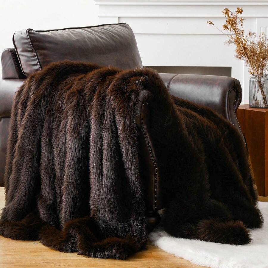 Luxury Fluffy Brown Fur Throw Blanket, Cozy Warm Fur Blanket For Couch, Sofa, Chair, Bed, Plush Fuzzy Fur Throws With Long Pile, Home Decor - 巧克力 - 查看 1