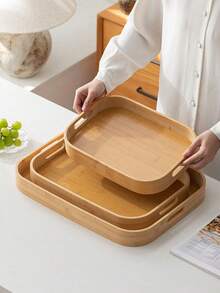 1pc Handled Serving Platter, Suitable For Serving Food, Snacks, Beverages, Sushi, Steak, Pizza, Desserts, Cakes, Breads, Breakfast, Coffee, Tea, Cold Dishes - Yellow - View 1