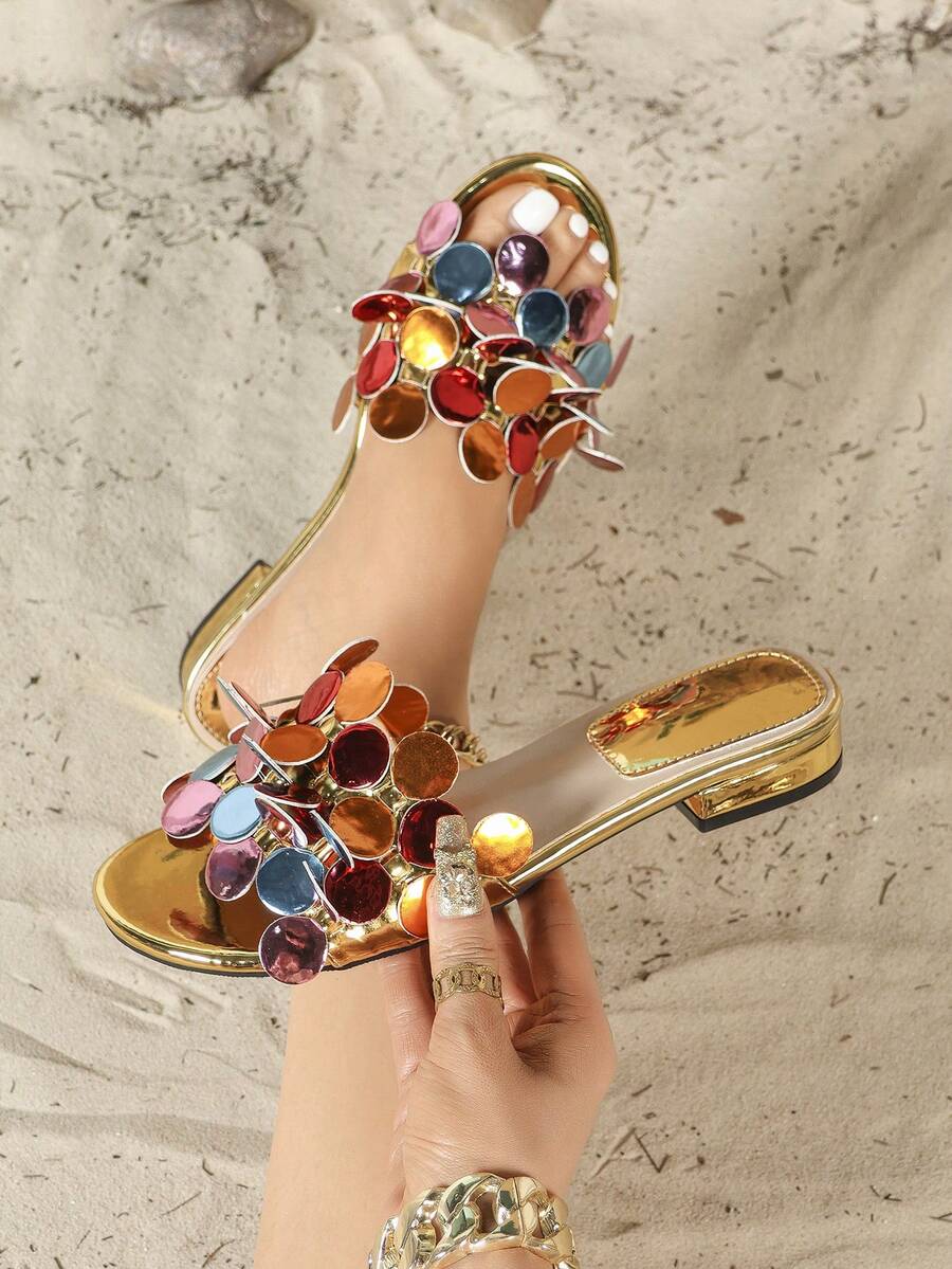 Dép lê đế xuồng thấp 2cm đính sequin vàng óng ánh, họa tiết hoa, thích hợp cho nữ, đi nghỉ mát, dự tiệc, phong cách boho. - Vàng - Xem 1