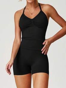 DINBEY Seamless Yoga Workout Set, Women's Racerback Yoga Top And Tight Booty Shorts, Spring/Summer Sports - Black - View 3