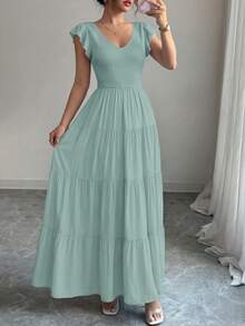 Women's Summer Flowy Long Dress Casual Covered Sleeve V-Neck Pleated Beach Sundress - 灰綠色 - 查看 1