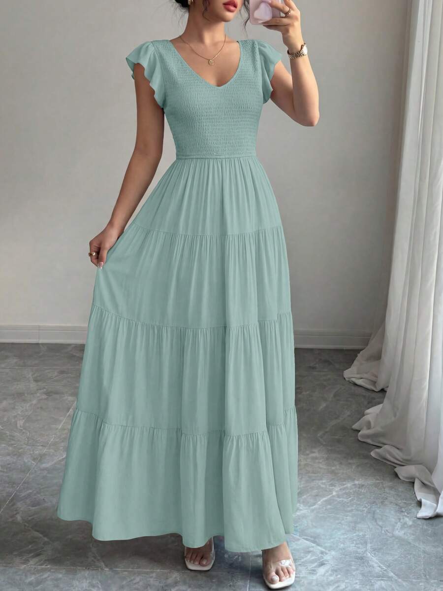 Women's Summer Flowy Long Dress Casual Covered Sleeve V-Neck Pleated Beach Sundress - 灰綠色 - 查看 1