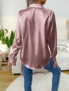 女士优雅府绸衬衫，经典柔软舒适单排扣纯色长袖衬衫，2026 新款 - 藕粉色 - 查看 4