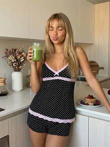 Women's Summer Pajamas Set Stylish Dot Print Lace Trim Camisole Tops With Shorts Lounge Wear 2 Pcs Set - 黑色 - 查看 9