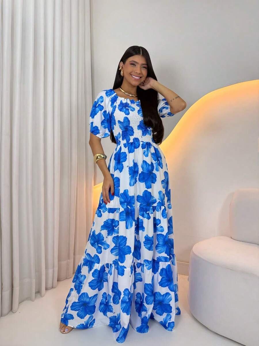 Long -Style Dress With Printed Sleeves - Blue Flowers - View 1