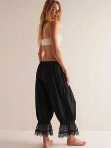 Women Lace Trim Long Bloomers Elastic Mid Rise Ruffle Pantaloons Cropped Flared Slips Pants Loungewear Summer Pettipants Capri Bottoms - màu đen - Xem 2