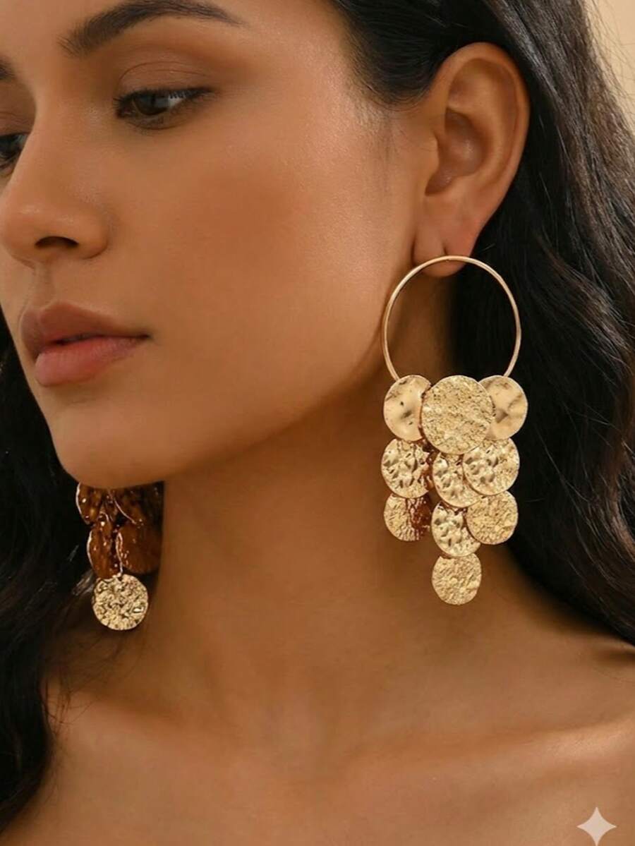 1对新款中东创意几何流苏长款简约叠戴时尚优雅圆形耳环 - 金黃色 - 查看 1