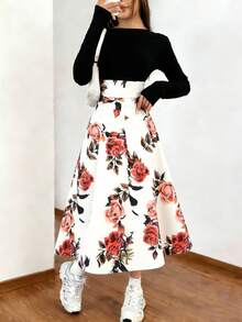 Women's Long Sleeve Floral Dress, Women's Round Neck Hawaiian Long Dress, Women's Stretch Dresses, Floral Holiday Party Dresses, Skirts, Casual Long Dresses - 黑色 - 查看 5