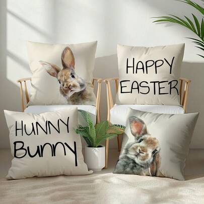 Happy Easter Cute Peeping Rabbit Pillow Cover 4-Piece Set, Single-Sided Printed Peach Velvet Polyester Material, 45*45CM Cushion Cover For Modern Fabric Sofa Indoor Decor, Party Decoration, Gift