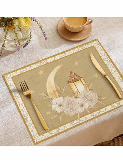Bộ 3 tấm lót bàn ăn Ramadan, tấm lót bàn ăn thiết kế hình đèn dầu trăng lưỡi liềm, tấm lót bàn ăn màu kaki chủ đề Ramadan, thảm trang trí bàn ăn Eid, khăn trải bàn họa tiết ngôi sao và trăng lưỡi liềm Hồi giáo, thảm chống trượt cách nhiệt cho gia đình, nhà hàng, tiệc tùng.