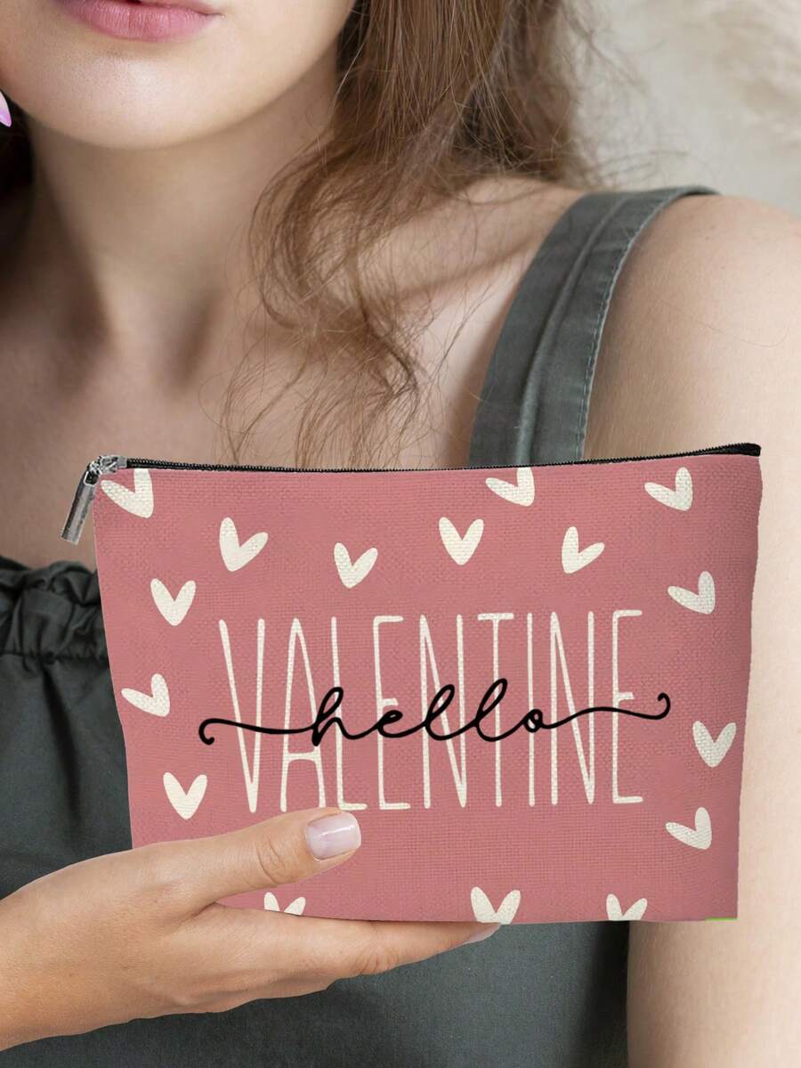 1个粉色爱心图案化妆包，情人节化妆包，送给家人和朋友的完美礼物 - 粉色 - 查看 1
