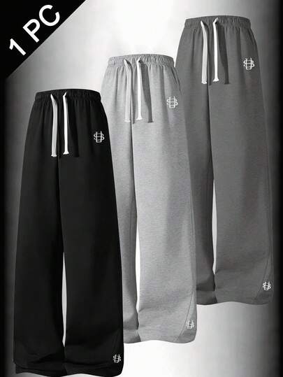 بنطلون رياضي رجالي مستقيم الساق مع نقشة مطرزة، بتصميم فضفاض مناسب كهدية عيد ميلاد للحبيب