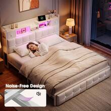 EnHomee Full/Queen/King Bed Frame With Hidden Storage Headboard & 4 Drawers Diamond-Tufted Upholstered Leather Platform Bed With LED Lights & Charging Station, White - 查看 6