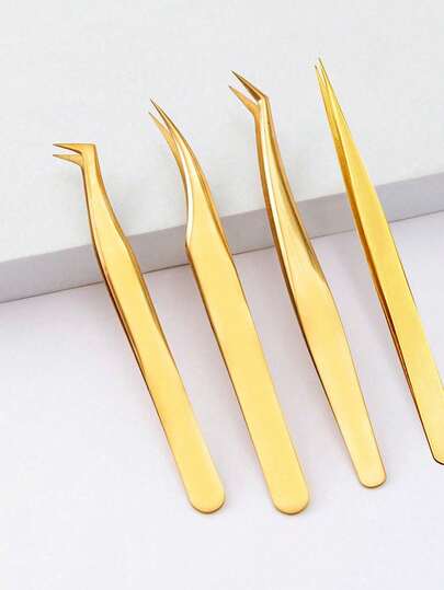 4pcs Stainless Steel Gold Tweezers Set, Professional Precision Eyelash Tools, Beautiful Gold Color, Beautician Kit, Eyelash Tweezers, Bedroom, Vanity, Affordable Makeup Tools, Travel Essential, Holiday Gift, Gift For Women, Valentine's Day Gift,Giveaways,Travel,Cheap Stuff,Travel Essential