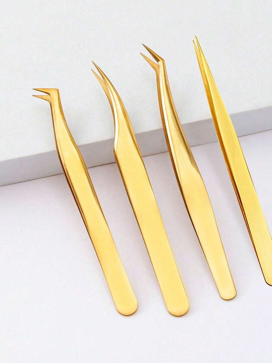 4件套金色不锈钢镊子套装，专业精密睫毛工具，精美金色，美容师套装，睫毛镊子，卧室、梳妆台必备，价格实惠的化妆工具，旅行必备，节日礼物，女士礼物，母亲节礼物