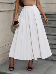 Elegancka plisowana spódnica damska w jednolitym kolorze, spódnica o średniej długości i wysokim stanie, wyszczuplająca, delikatny styl na co dzień i na randkę - Biały - Zobacz 1