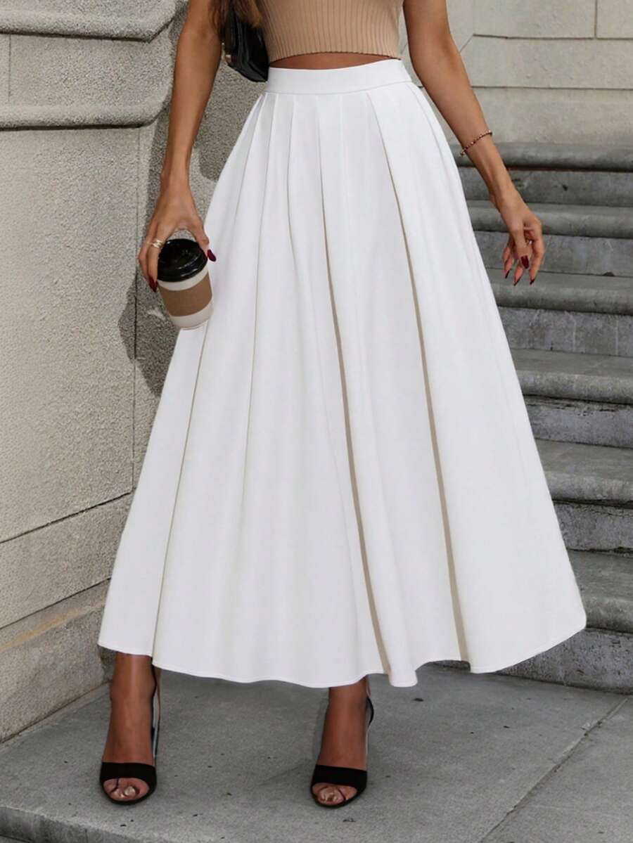 Elegancka plisowana spódnica damska w jednolitym kolorze, spódnica o średniej długości i wysokim stanie, wyszczuplająca, delikatny styl na co dzień i na randkę - Biały - Zobacz 1