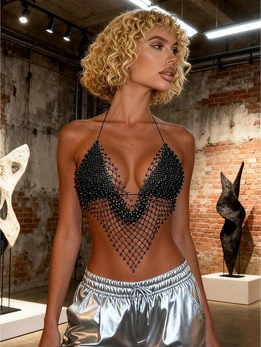 Women's Rhinestone Lingerie Tops Cute Sleeveless Backless Spaghetti Strap Halter Bra Tanks - Black - View 1