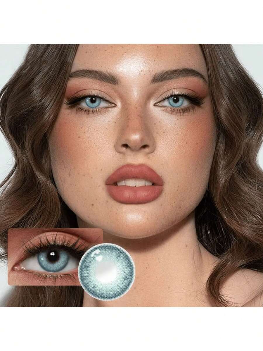 1 Pair Of Contact Lens Cat Shaped Contact Lens Case, Little Devil Eye Makeup, Moisturizing, Halloween Themed Item, Can Be Worn Daily, Suitable For Parties And Holiday Occasions, Suitable As A Birthday And Holiday Gift, Change Eye Color, Enhance Personal Charm! - 淺藍色 - 查看 1