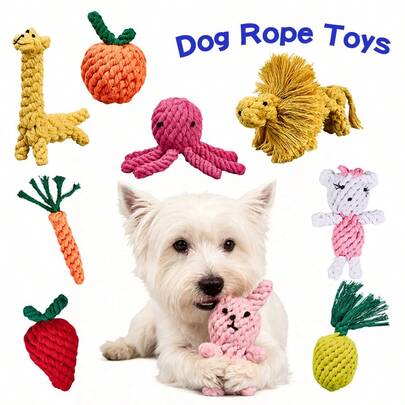 Colorful Handmade Woven Dog Rope Toys, Funny Animal Strawberry Pineapple Rope Toys, Cartoon Carrot Rope, Rabbit/Lion/Octopus/Elephant/Bear Plush Toys, Suitable For Training, Teeth Cleaning And Interactive Play For Medium And Small Dogs, Pet Supplies