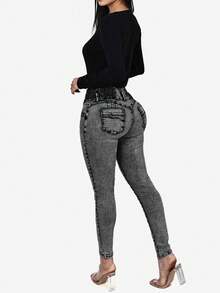 1 pieza Jeans de ajuste ceñido mejorados procesados con técnica de lavado especial, casual de vacaciones de primavera - Gris Oscuro - Ver 6