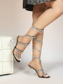 Women's Thick Crystal Heel Sandals, Square Toe Rhinestone Snake Wrap Strap, Fashionable Open Toe, Basic Style For Summer & Autumn - Black - View 5