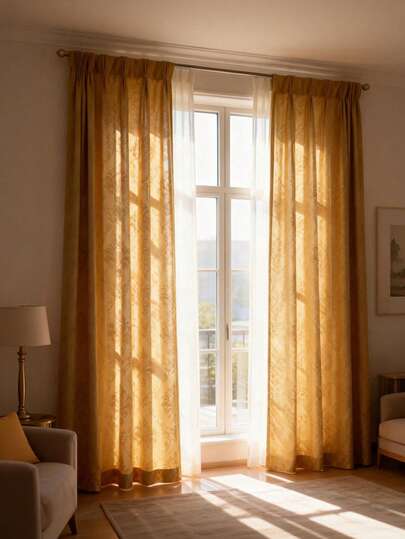 1pc Elegant Golden Classical Jacquard Geometric Curtain, Semi-Blackout Luxury Modern Decor For Bedroom, Living Room, Kitchen Window