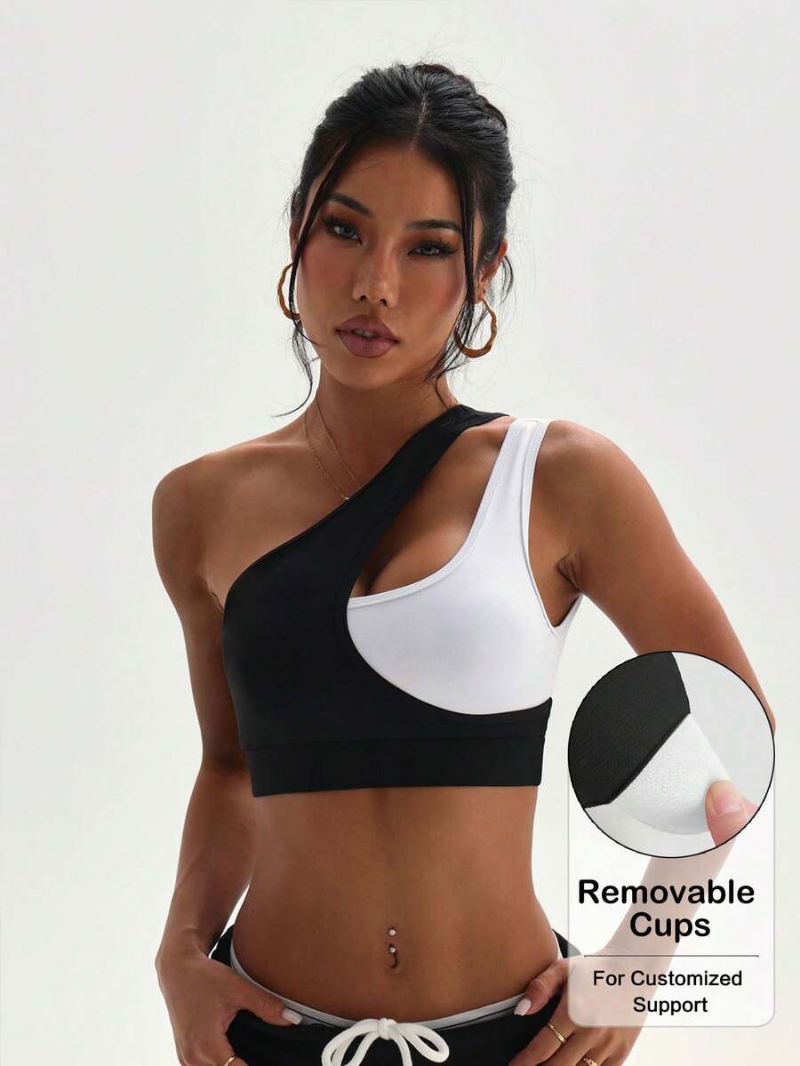 Women's Fashion Black & White Patchwork Removable Padded One Shoulder Backless Sports Knit Bra Spring - Black and White - View 1