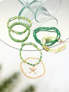 Set de 7 piezas de pulsera de estilo bohemio con concha y cuentas, con colgante de estrella de mar (colores de cuentas surtidos) - Verde - Ver 2