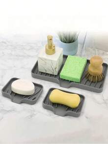 1pc Rectangular Self-Draining Silicone Soap Dish - Bathroom Accessories Multifunctional Soap Holder - Grey - View 2
