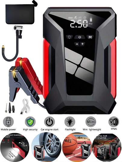 Hava Kompresörlü, Power Bank'li, Hızlı Telefon Şarjı, Araç Akü Şarj Cihazı, Acil Durum LED Işığı, Hızlı Şişirme, Lastik Basıncı Algılama Özellikli, Taşınabilir 12V Araç Akü Takviye Cihazı