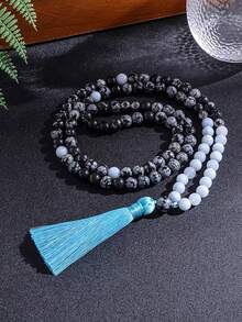 Natural Stone 108 Mala Necklace 8mm Snowflake Obsidian, Aquamarine Boho Style Japamala Rosary Beads Meditation Yoga Spiritual Jewelry For Women Men - Multicolor - View 5