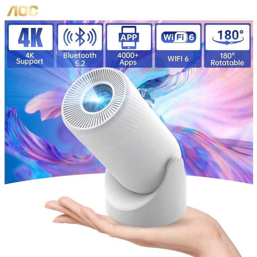 AOC Mini Projector With WiFi And Bluetooth, Portable Full HD 4K Projector With 180° Rotation Adjustment, 8000 Lumens, 220 ANSI Lumens, Automatic Keystone Correction, Home Projector For Phone/Laptop