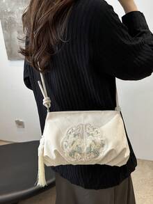 女士中国风刺绣单肩包，时尚褶皱云朵设计，优雅斜挎包 - 白色 - 查看 3