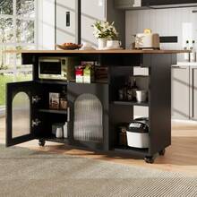 Kitchen Island, Modern Kitchen Island, Kitchen Cabinet, Removable Serving Cart, Sideboard, Wood-Look Dining Cart, Buffet, Multifunctional Dining Table With Storage, Black - 黑色 - 查看 3