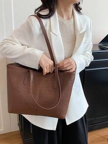 2026 Large Capacity New Crocodile Grain Tote Bag, Casual Commuter Shoulder Bag For Students & Women - Brown - View 4