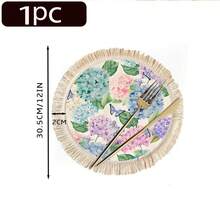 1/4/6件套春夏系列，多色绣球花配亮绿色叶子和蓝紫色蝴蝶亚麻印花流苏桌垫/咖啡杯垫 - 彩色 - 查看 15