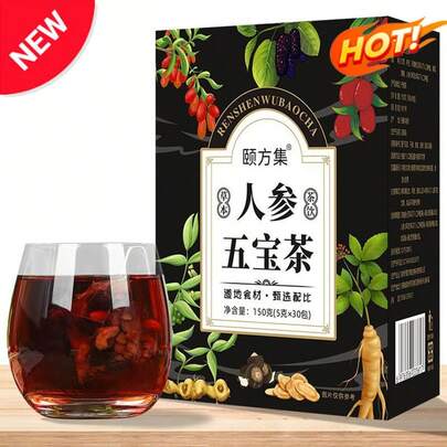 30PCS Ginseng Kidney Tea Formula Five Treasure Tea Health Suitable For Stay Up Late And Work , Poor Liver Daily Energy & Wellness, Caffeine-Free Hot Brew For Men Women