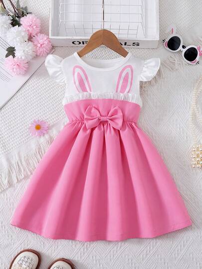 Young Girl Fashionable Knit Colorblock Cute Rabbit Ear Print Puff Sleeve Round Neck Bow Patchwork A-Line Hem Dress, Casual Homewear Outdoor Holiday Summer Girls Dress