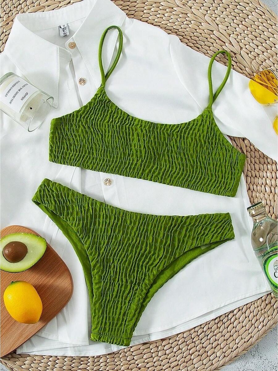 Women's Sexy Triangle Bikini Set Smocked Textured Scoop Frilled Solid Ruched Elastic Swimsuit Two Piece Bathing Suit - Green - View 1