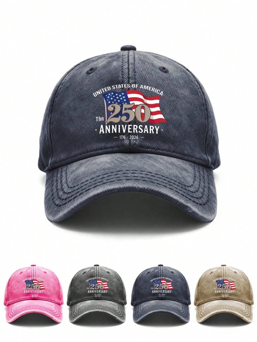 1pc 250th Anniversary Printed Baseball Cap, Men's Oxford Lining, Classic Curved Brim, Natural, Comfortable And Breathable, Adjustable Hook And Loop Closure At The Back, Suitable For Everyday Wear, Outings, Sports, Outdoor Activities, Travel, Etc, For Spring/Summer/Fall, Independence Day, Memorial Day, Veterans Day - 霧霾藍 - 查看 1