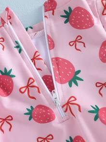 Toddler Girl Strawberry Swimsuits Watermelon Peach Rash Guard Infant Baby Bow Print Long Sleeve Ruffled Bathing Suit With Swim Hat - Pink - View 6
