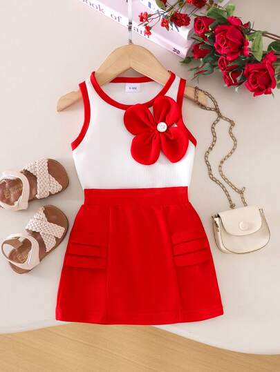 2pcs Baby Girls Cute White Tank Top + Red Skirt Set, Summer