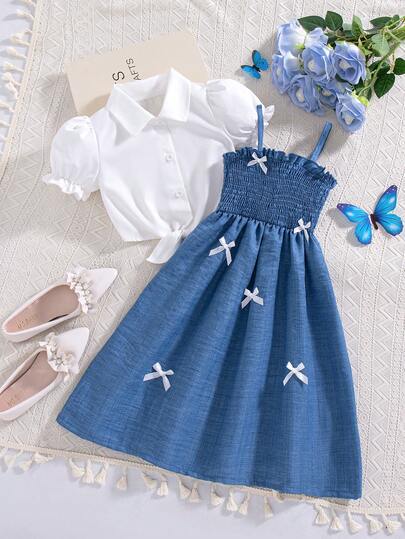 2pcs/Set Young Girls Summer New Solid Color Puff Sleeve Cardigan With Button Collar Casual Shirt + Bow Decor Suspender A-Line Casual Dress Set